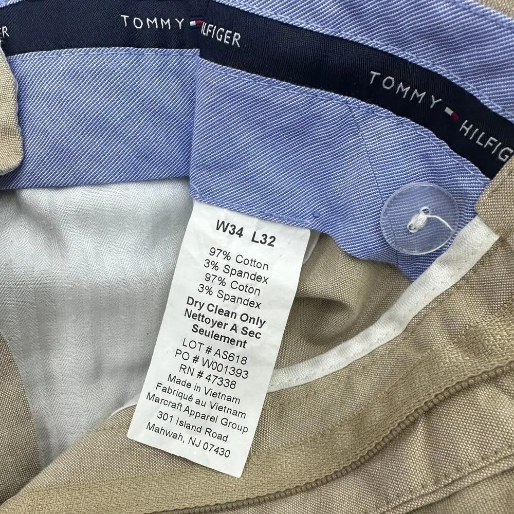 Tommy Hilfiger Men's Dress Pants Tan 34x32 Flat Front Cotton Stretch Slacks